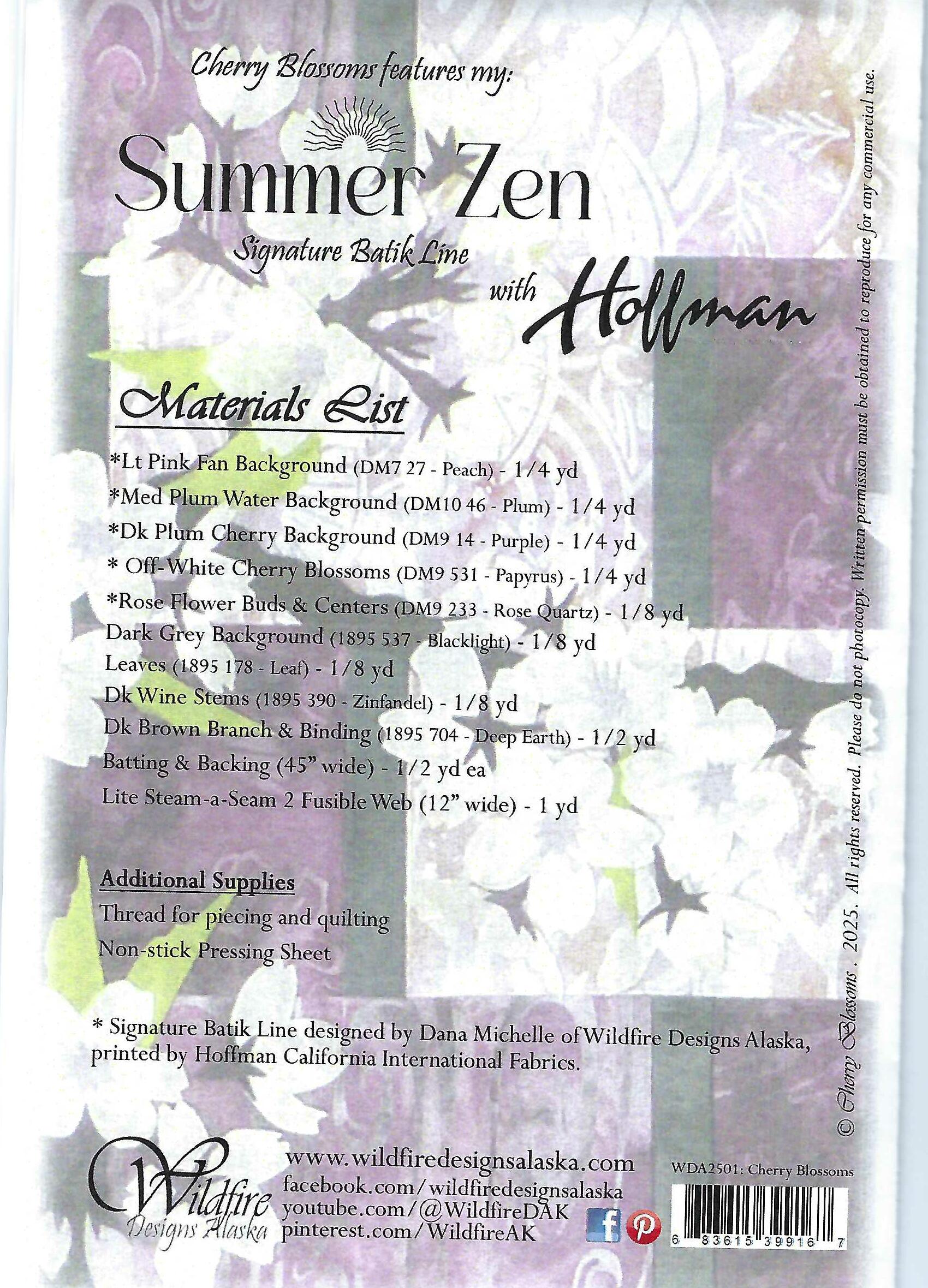 Wildfire Designs Alaska Summer Zen Cherry Blossoms Table Runner Applique Quilt Pattern Back Cover