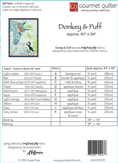 Gourmet Quilter Donkey and Puff Applique Quilt Pattern Back Cover