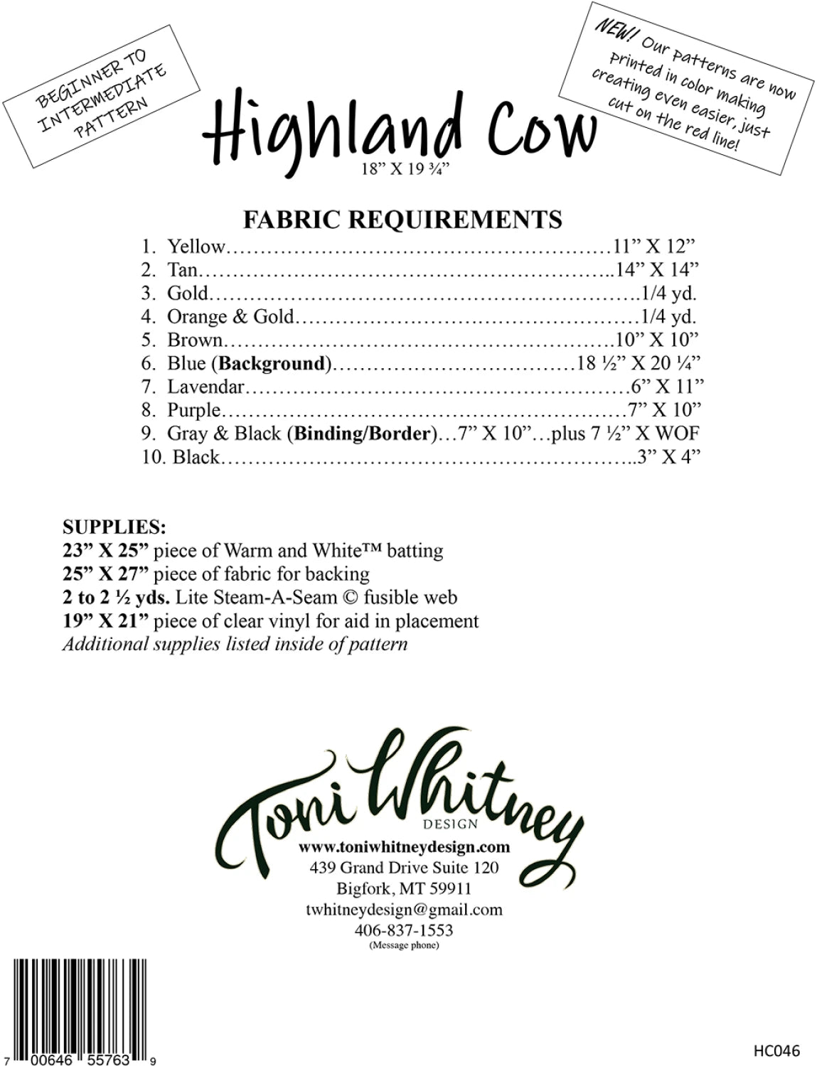 Toni Whitney Design Highland Cow Applique Quilt Pattern Back Cover