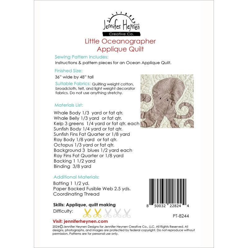 Jennifer Heynen Little Oceanographer Applique Quilt Pattern PT-8244 Back Cover