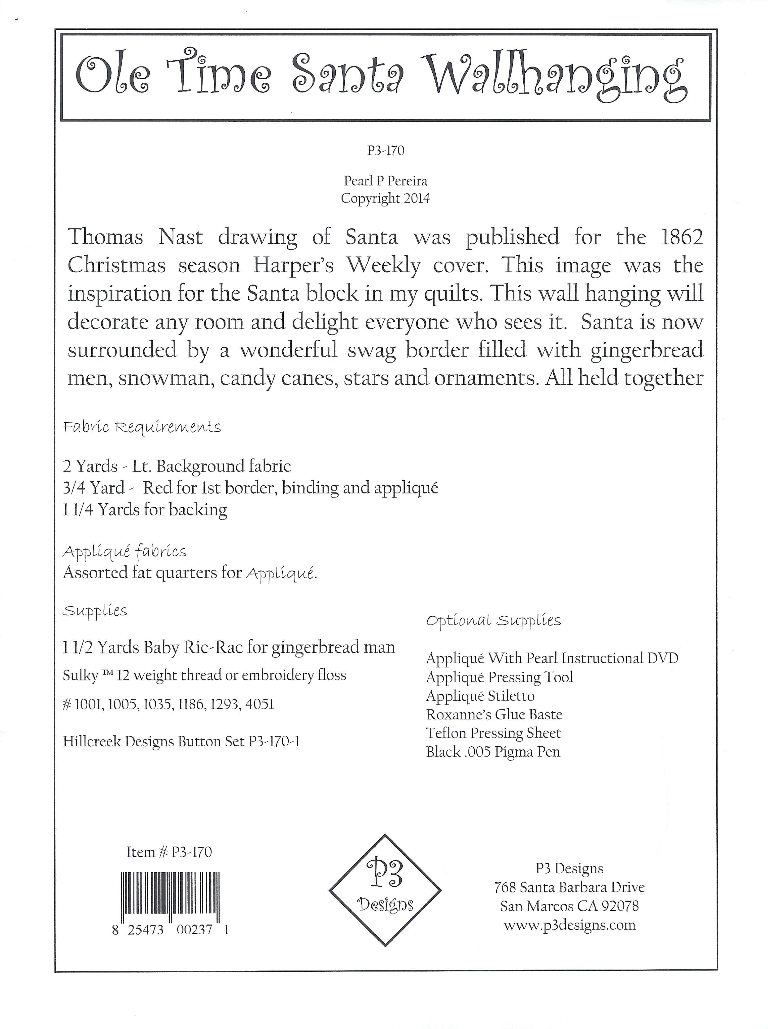 P3 Designs Ole Time Santa Christmas Holiday Applique Quilt Pattern Back Cover