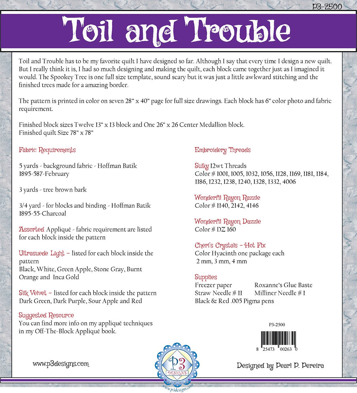 P3 Designs Toil and Trouble Halloween Holiday Applique Quilt Pattern Set Back Cover