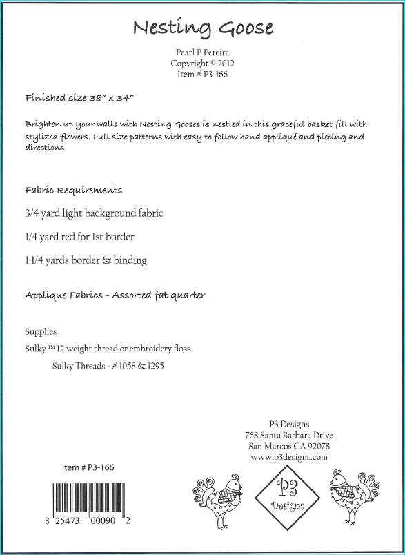 P3 Designs Nesting Goose with Flowers Applique Quilt Back Cover