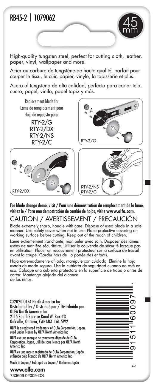 Olfa 45mm Rotary Blade Replacement Two Pack RB45-2 Back View