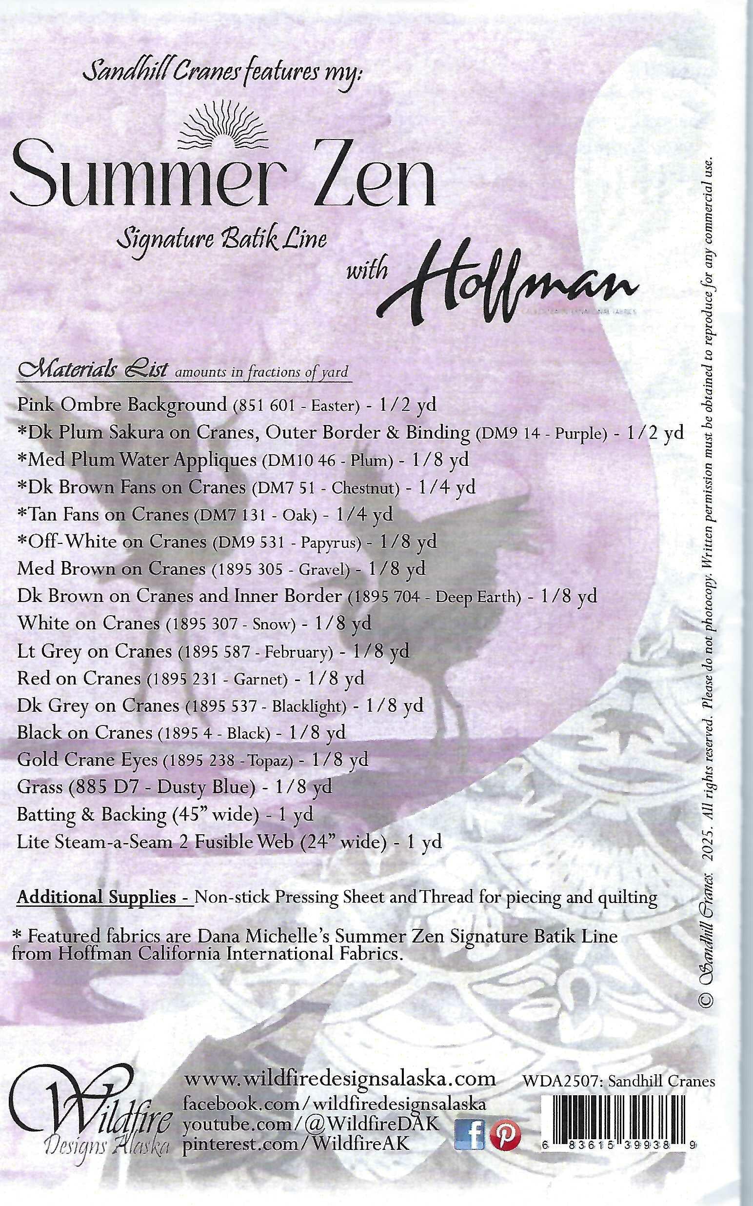 Wildfire Designs Alaska Summer Zen Sandhill Cranes Applique Quilt Pattern Back Cover