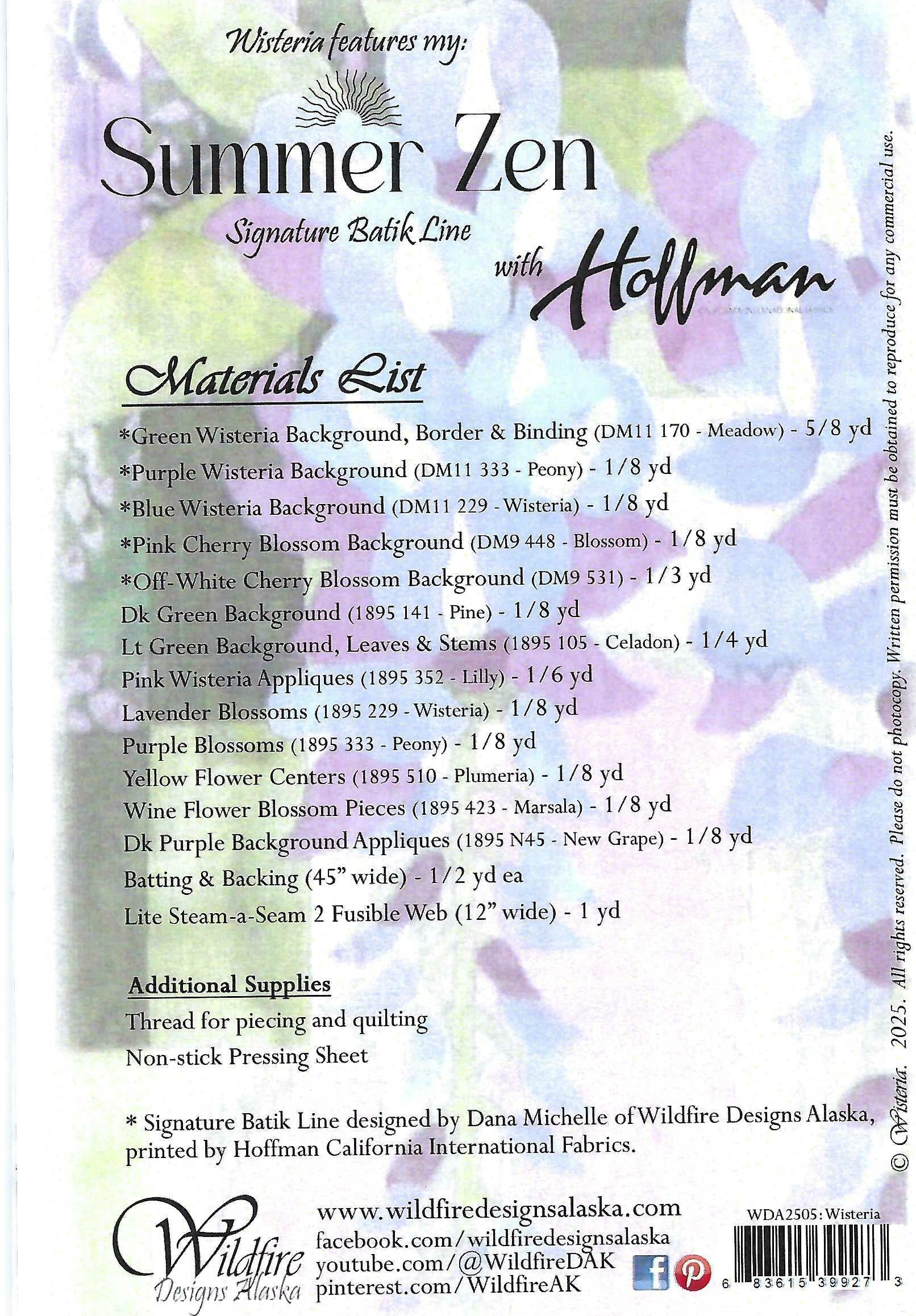 Wildfire Designs Alaska Summer Zen Wisteria Table Runner Applique Quilt Pattern Back Cover