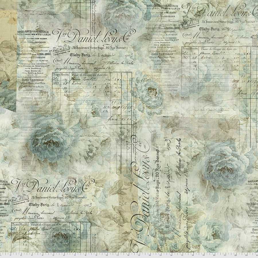 Tim Holtz Foundations Aqua Receipt Cotton Fabric by Free Spirit PWTH102.Aqua