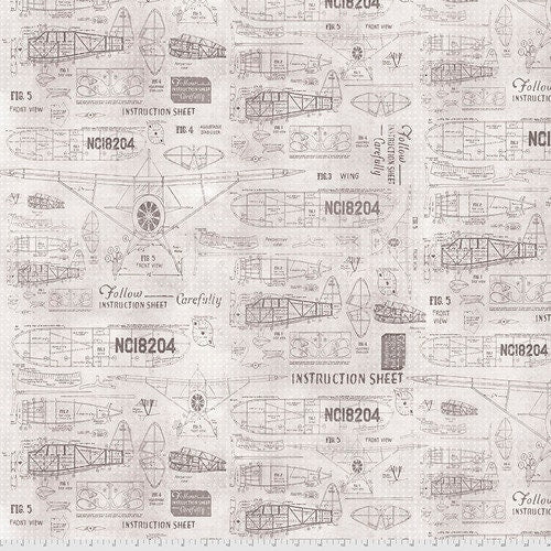 Tim Holtz Monochrome Parchment Model Airplanes Cotton Fabric by Free Spirit PWTH174.Parchment