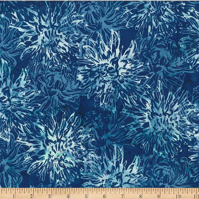 Hoffman Fabrics Flax Blue Mums Floral Batik Fabric W2590-442-Flax