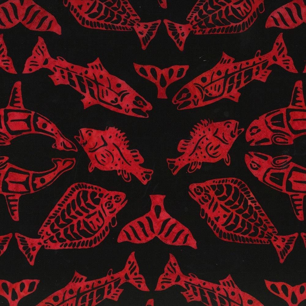 Hoffman Fabrics Red Totemic Fish Batik Fabric F2099-5-Red