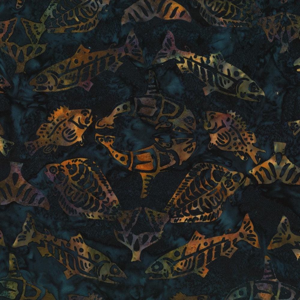 Hoffman Fabrics Midnight Totemic Fish Batik Fabric F2099-128-Midnight
