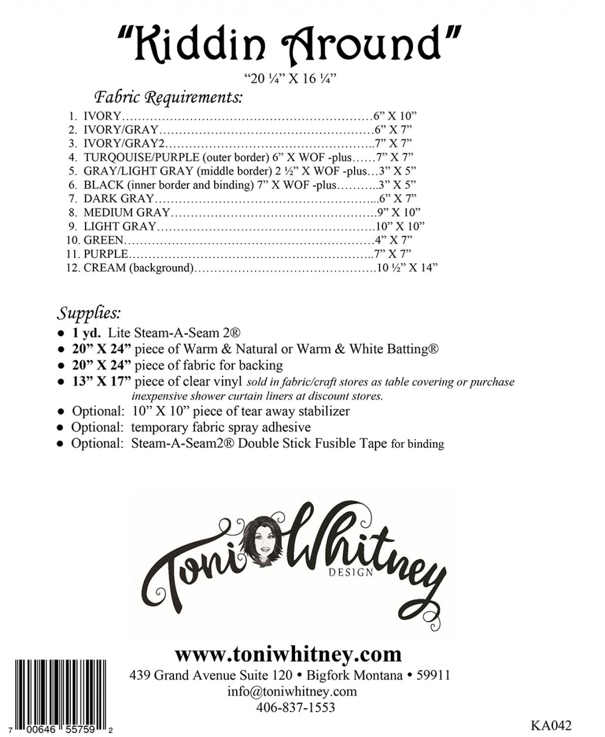 Toni Whitney Design Kiddin Around Baby Goat Applique Quilt Pattern Back Cover