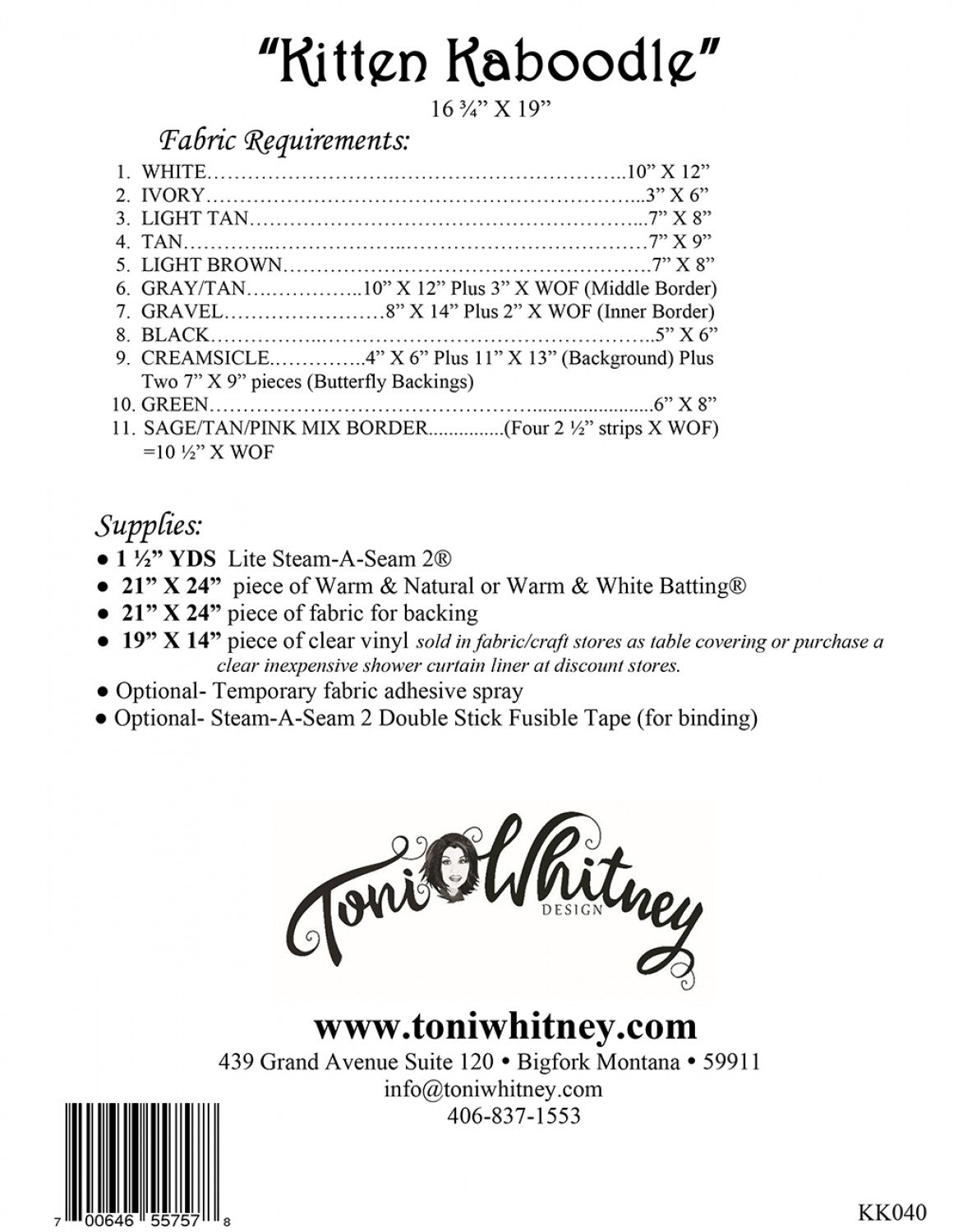 Toni Whitney Design Kitten Kaboodle Baby Kitty Applique Quilt Pattern Back Cover