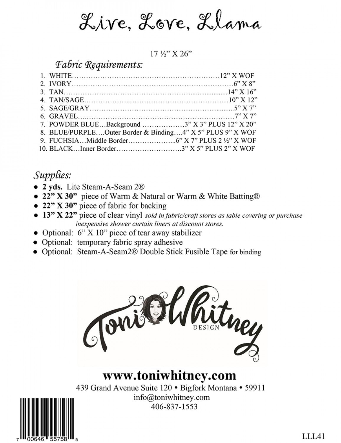 Toni Whitney Design Live Love Llama Applique Quilt Pattern Back Cover