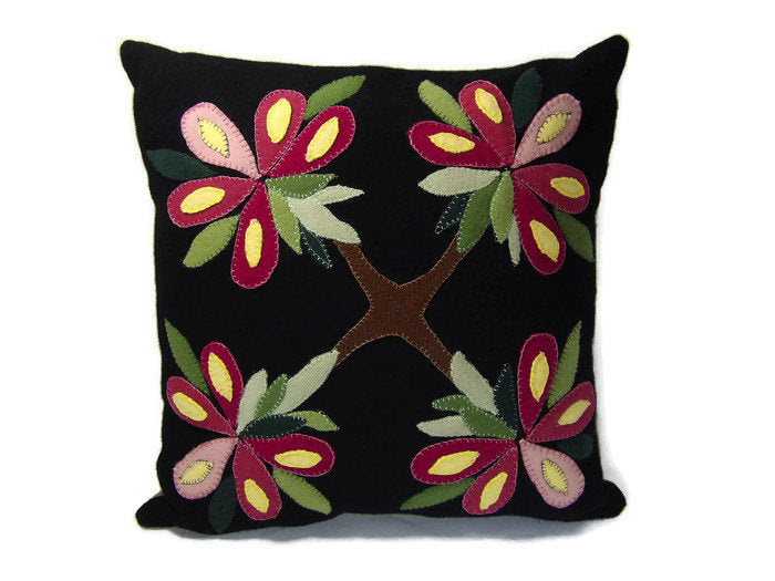 Pink Summer Bouquet Flower Felted Wool Throw Pillow Size 14 x 14