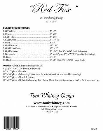 Toni Whitney Design Red Fox Applique Quilt Pattern