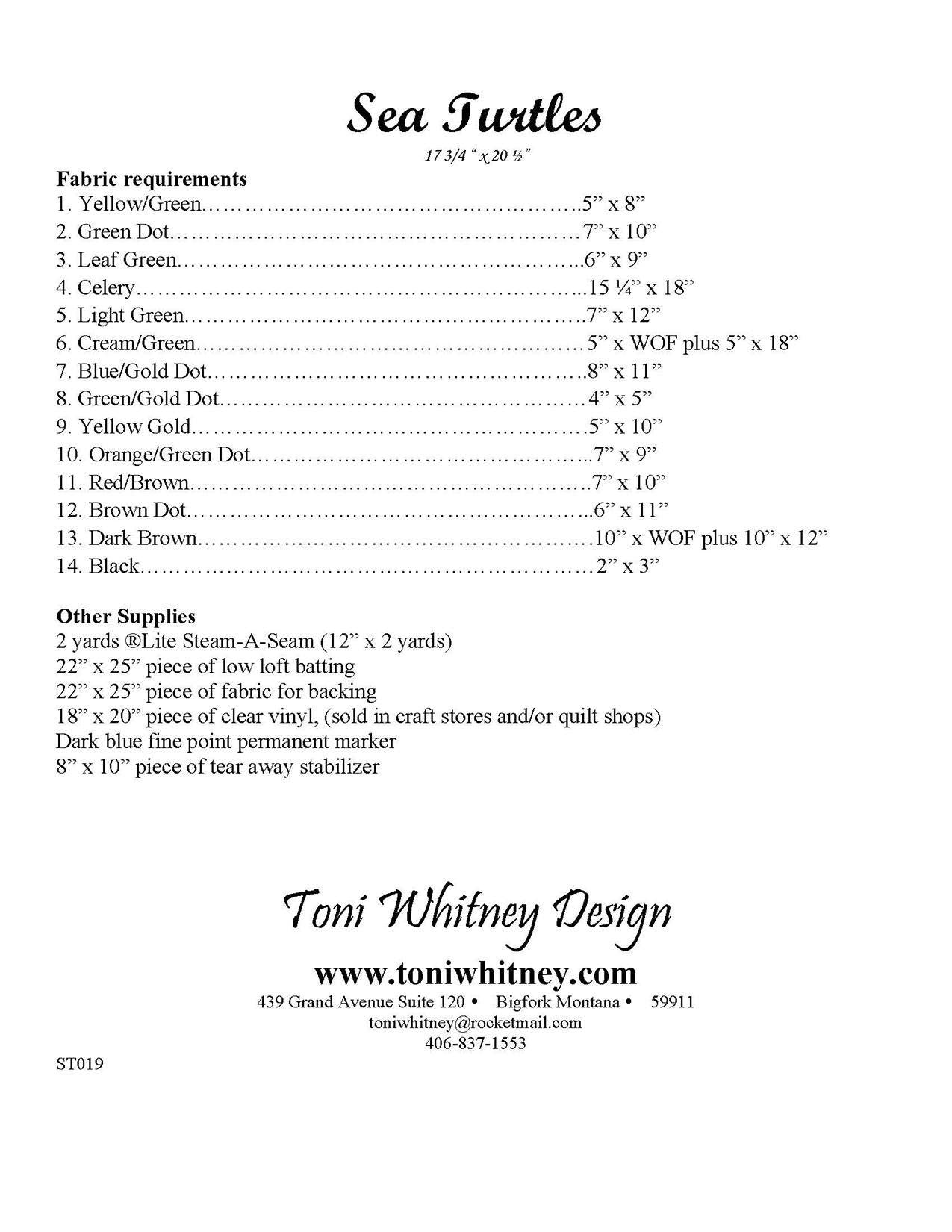 Toni Whitney Design Sea Turtles Applique Quilt Pattern