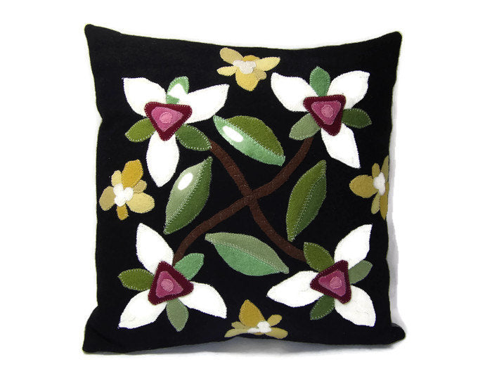 Montana White Trillium Flower Felted Wool Throw Pillow Size 14 x 14