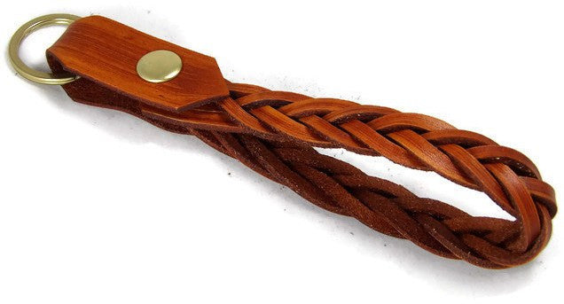 Saddle Tan Braided Leather Loop Snap Key Chain with Brass Plate Hardware
