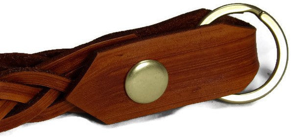 Saddle Tan Braided Leather Loop Snap Key Chain with Brass Plate Hardware