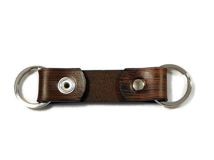 Modern Wood Grain Briar Brown Valet Double Ring Leather Key Chain