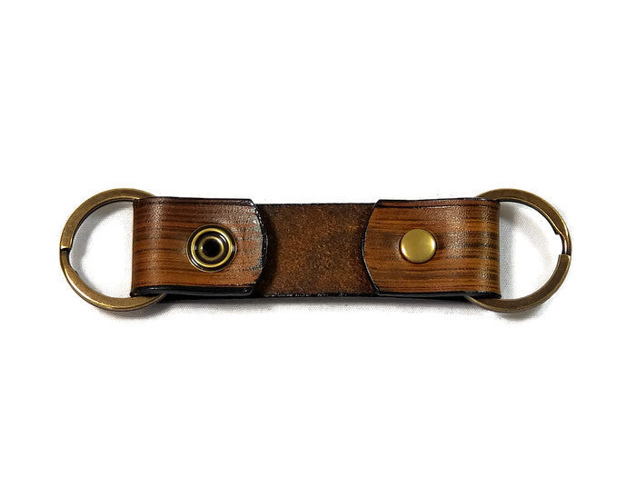Modern Wood Grain Chestnut Valet Double Ring Leather Key Chain