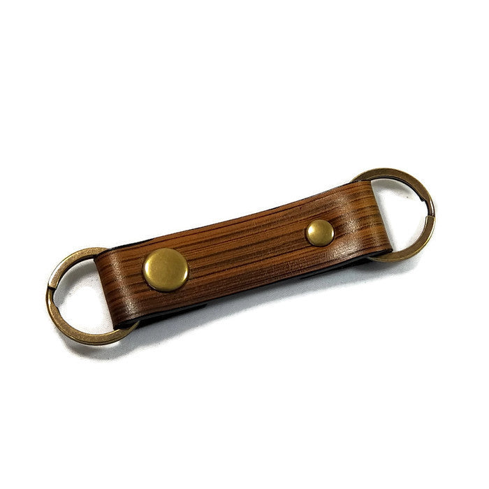 Modern Wood Grain Chestnut Valet Double Ring Leather Key Chain