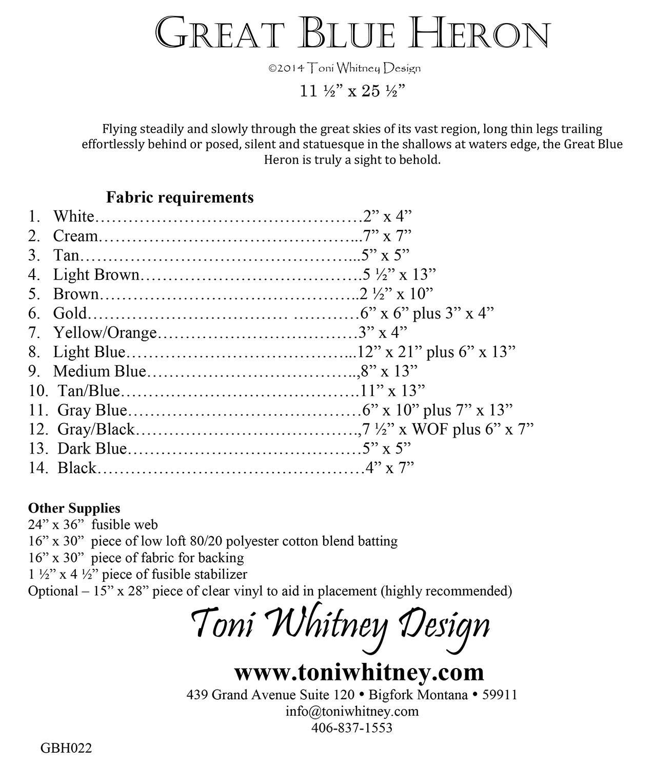 Toni Whitney Design Great Blue Heron Quilt Pattern Back Cover