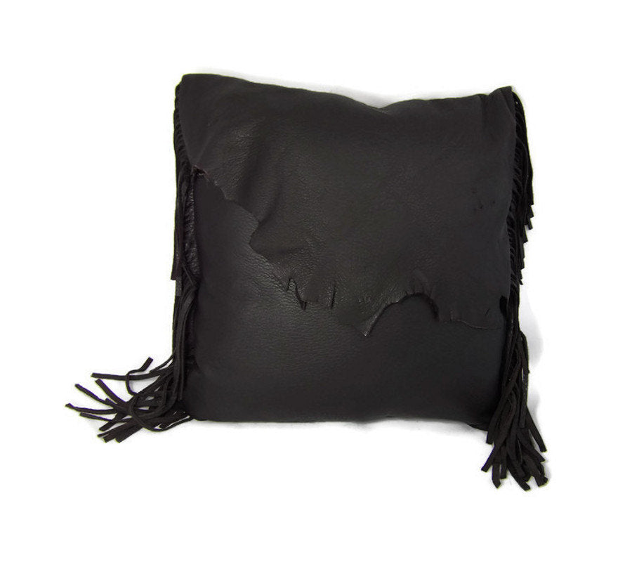Dark Chocolate Brown Deerskin Leather Pillow with Natural Flap Front and Side Fringe