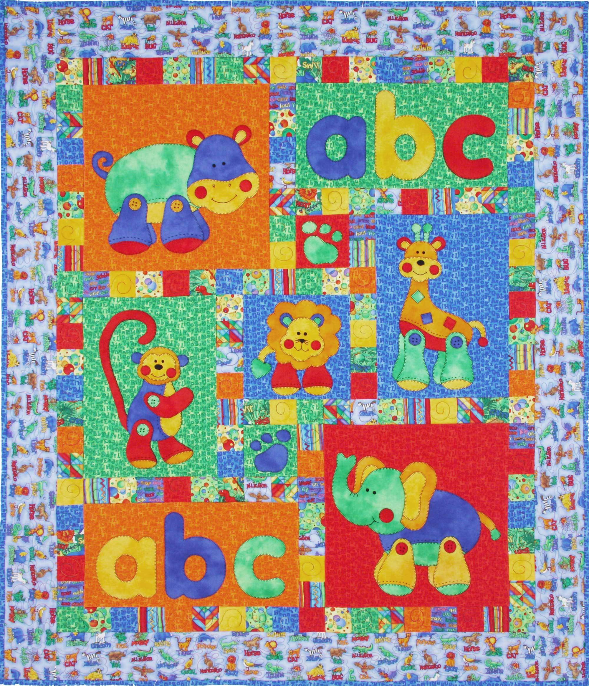 Kids Quilts Alphabet Jungle Elephant Monkey Lion Applique Quilt Pattern