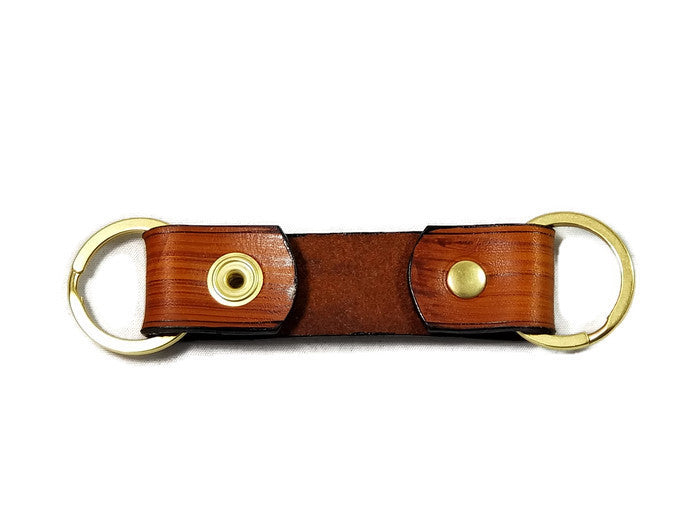 Modern Wood Grain Saddle Tan Valet Double Ring Leather Key Chain