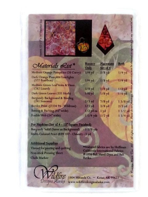 Wildfire Designs Alaska Pumpkin Patch Too Table Runner Applique Quilt Pattern
