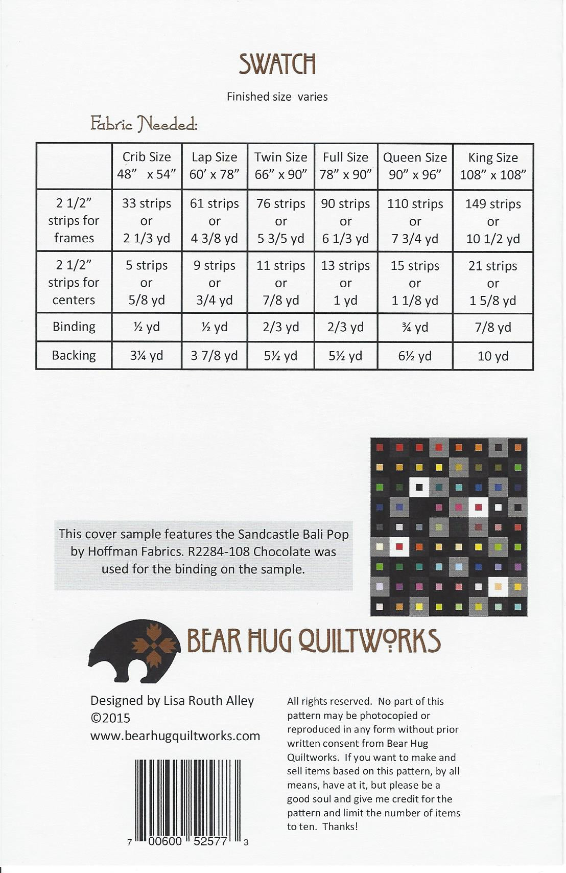 Bear Hug Quiltworks Swatch Quilt Pattern Front