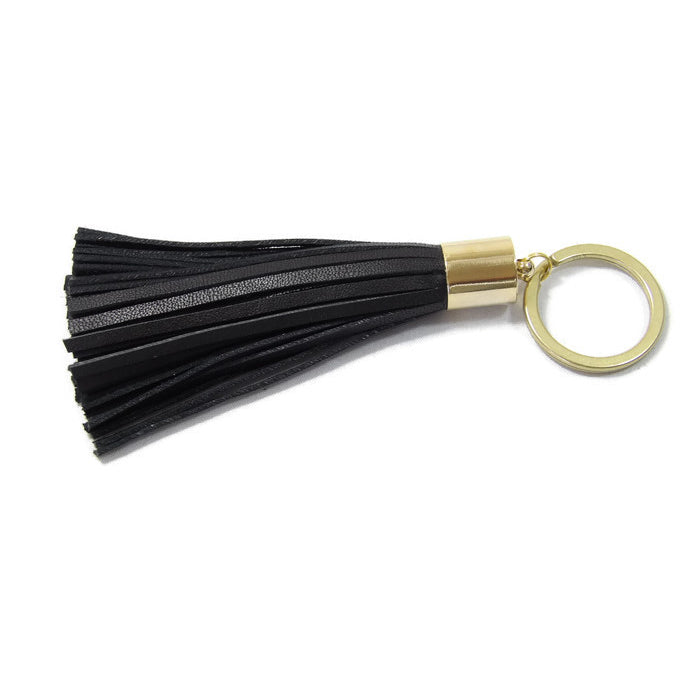 Black Lambskin Leather Tassel Keychain with 14k Gold Plated Brass Top Free Gift Wrap