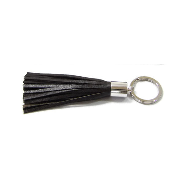 Dark Brown Lambskin Leather Tassel Keychain with Rhodium Plated Brass Top Free Gift Wrap