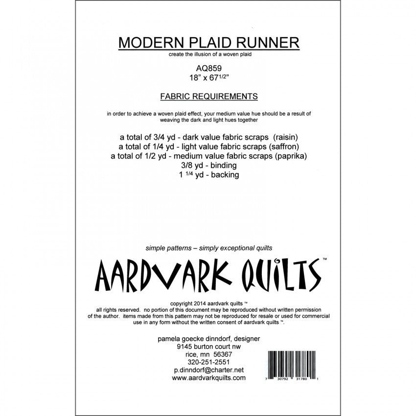 Aardvark Quilts Modern Plaid Table Runner Quilt Pattern Back Cover