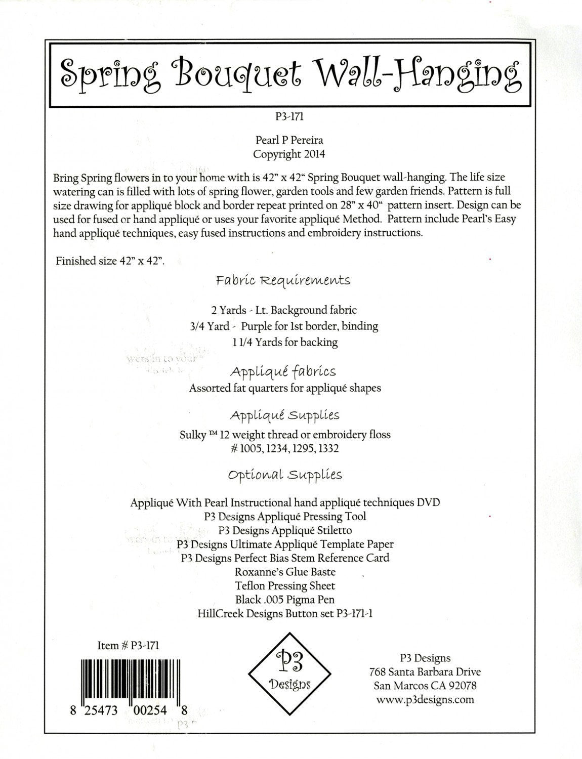 P3 Designs Spring Bouquet Floral Applique Quilt Pattern Back Cover