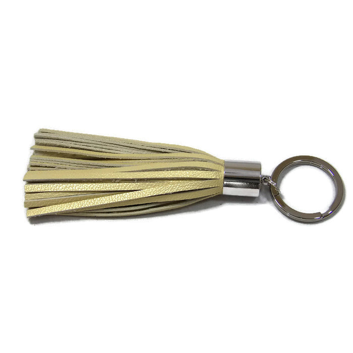 Pearlized Champange Lambskin Leather Tassel Keychain with Rhodium Plated Brass Top Free Gift Wrap