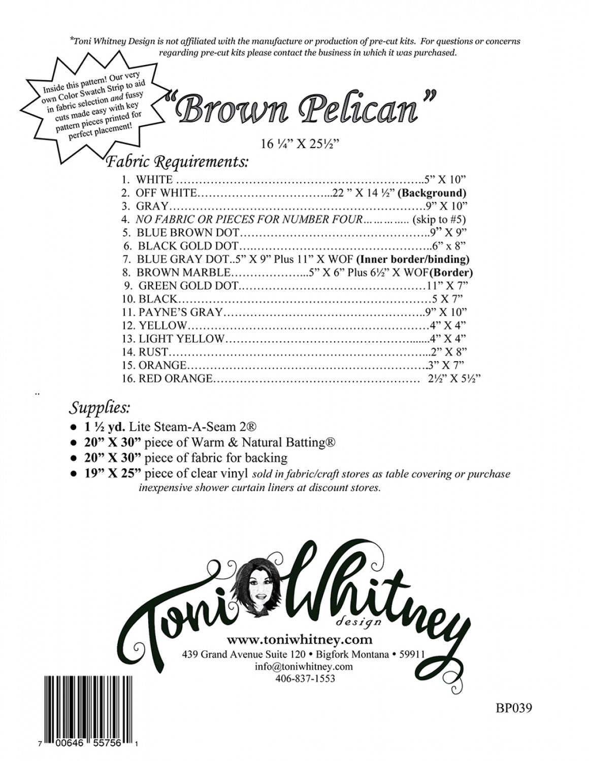 Toni Whitney Design Brown Pelican Bird Applique Quilt Pattern Back Cover