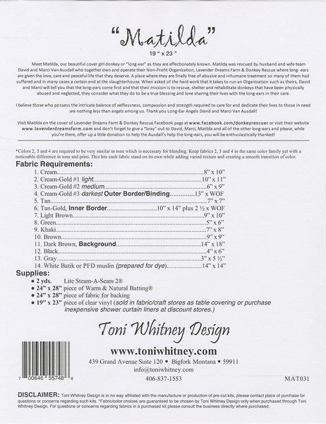Toni Whitney Design Matilda Donkey Applique Quilt Pattern Back Cover