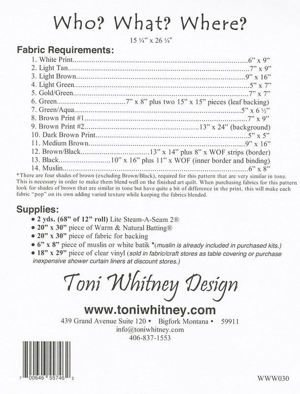 Toni Whitney Design Who What Where Raccoon Applique Quilt Pattern Back