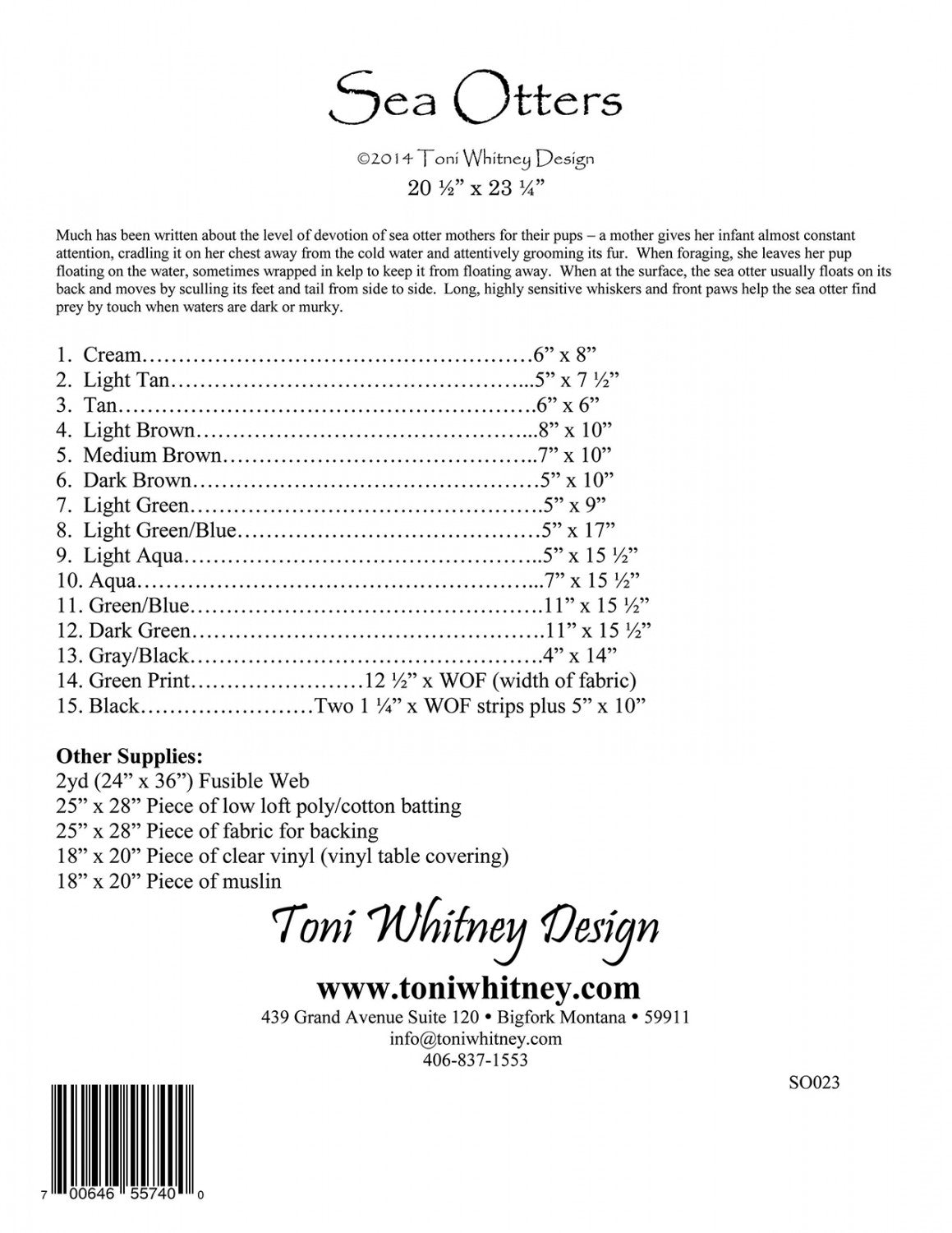 Toni Whitney Design Sea Otter Applique Quilt Pattern Back