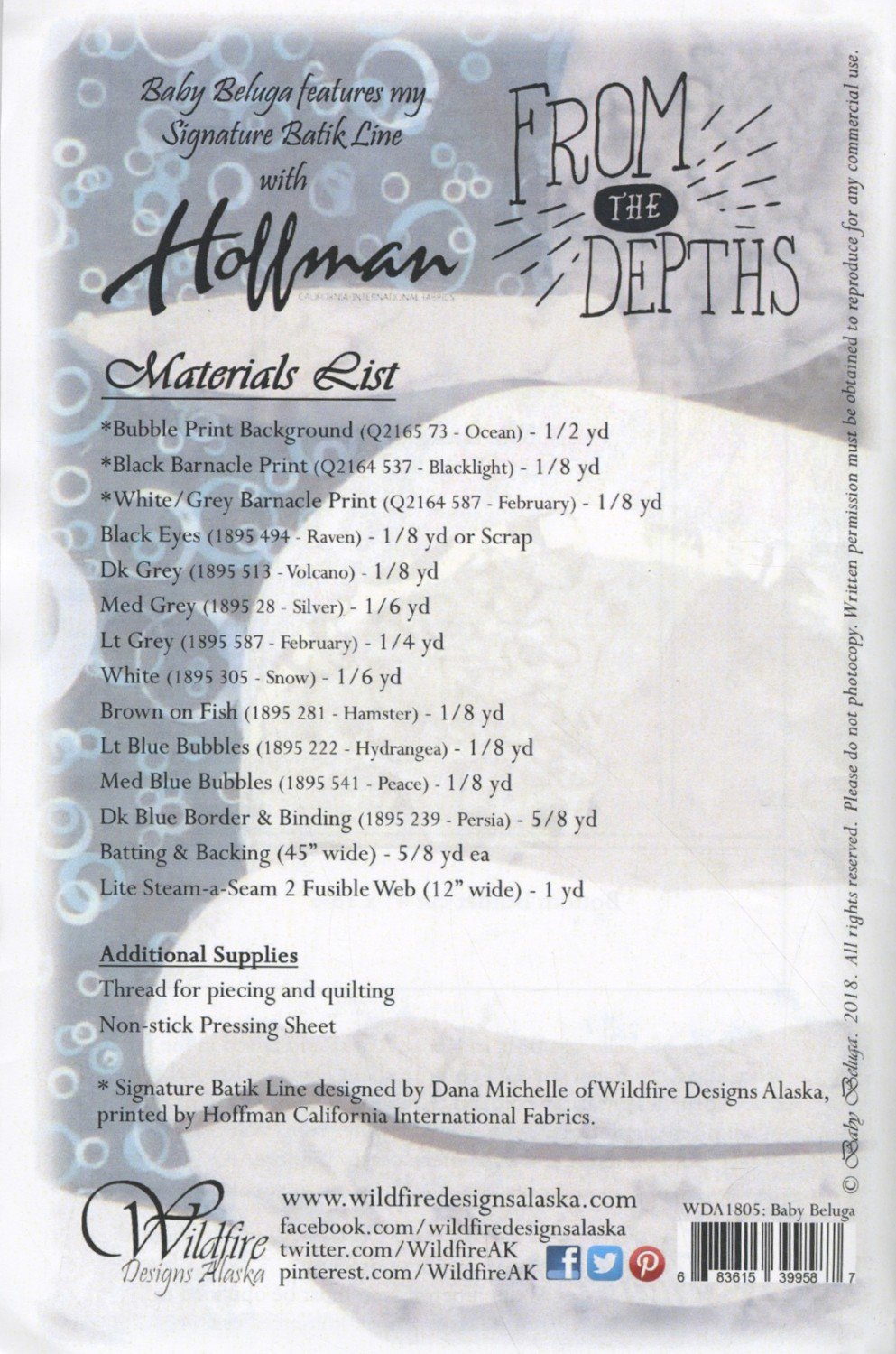 Wildfire Designs Alaska Baby Beluga Whale Applique Quilt Pattern Back Cover