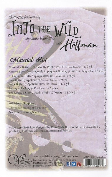 Wildfire Designs Alaska Butterflies Table Runner Applique Quilt Pattern Back Cover