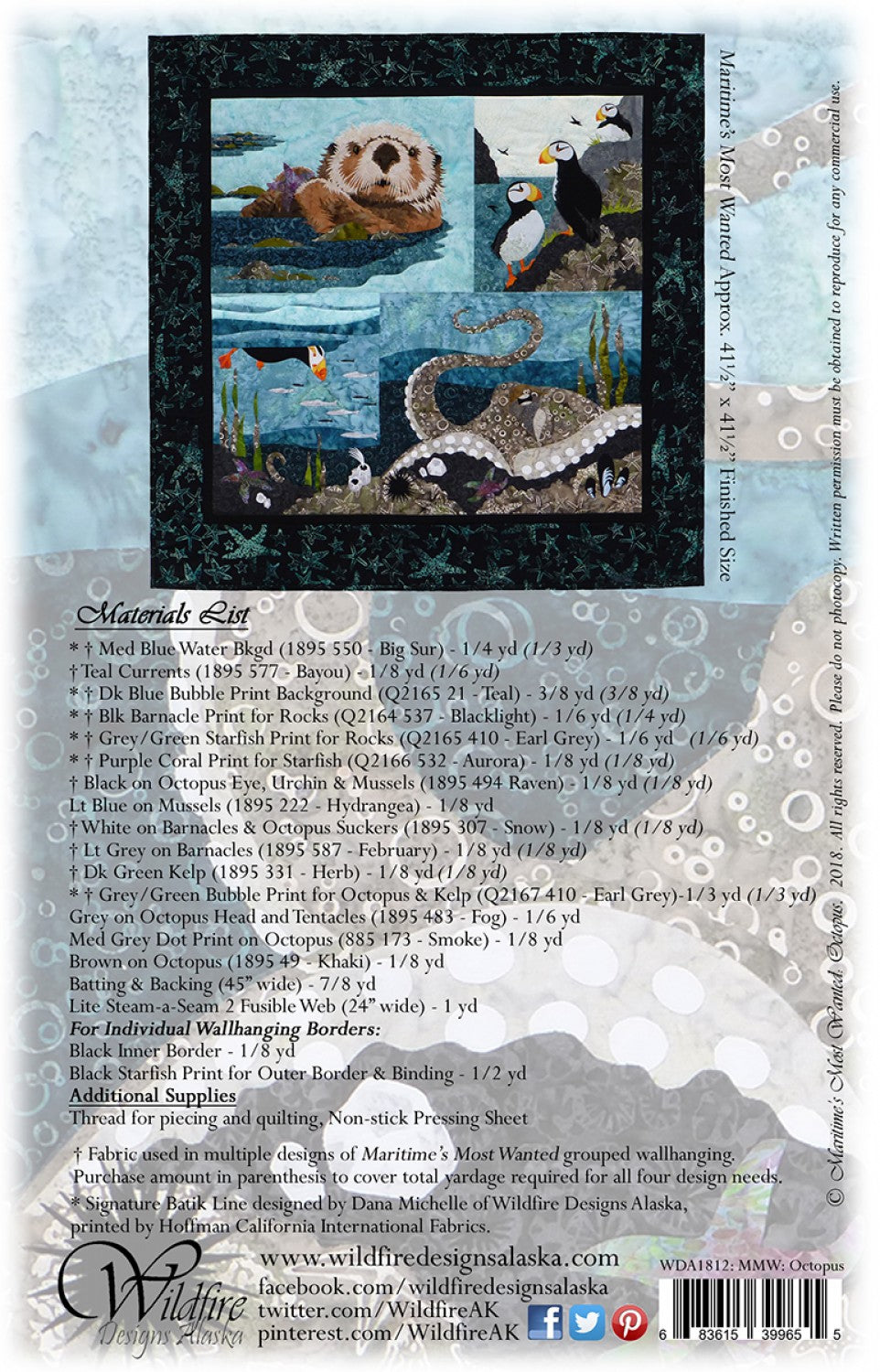 Wildfire Designs Alaska Maritime's Most Wanted Octopus Applique Quilt Pattern Back Cover
