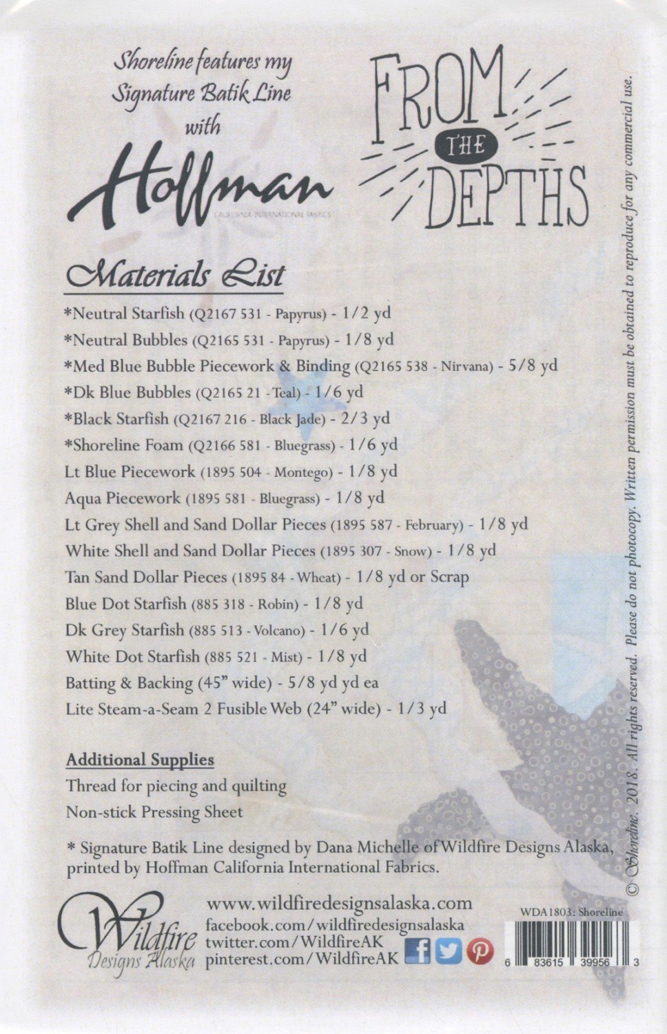 Wildfire Designs Alaska Shoreline Starfish Applique Quilt Pattern Back Cover