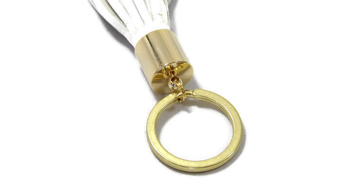 White Lambskin Leather Tassel Keychain with 14k Gold Plated Brass Top Free Gift Wrap