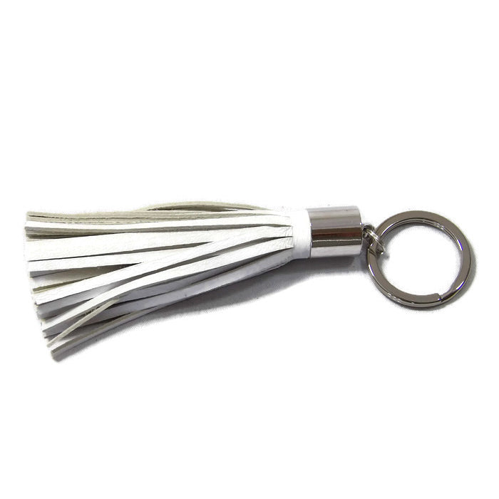 White Lambskin Leather Tassel Keychain with Rhodium Plated Brass Top Free Gift Wrap