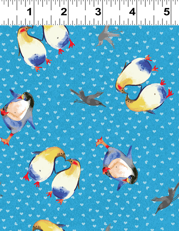 Clothworks Winter Love Sky Blue Penguin Hearts Cotton Fabric Y2500-98 Scale