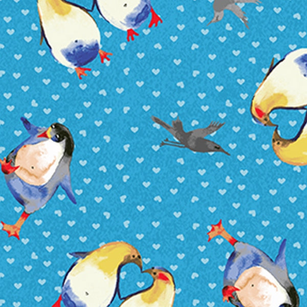 Clothworks Winter Love Sky Blue Penguin Hearts Cotton Fabric Y2500-98
